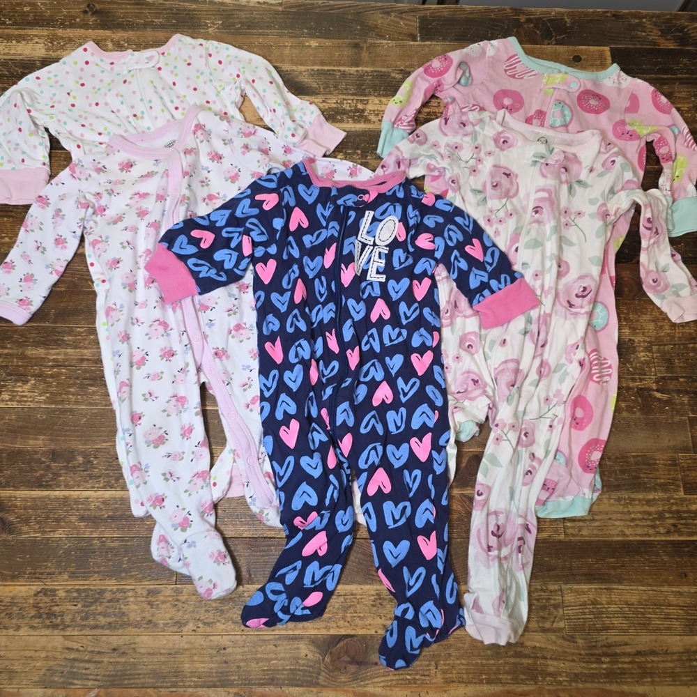 5 Baby Girl 6-9 months Footed Zip Up One Piece Sleeper Pajama Lot  Bundle Infant